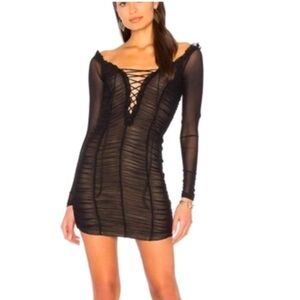 Black ruched mesh lace up dress